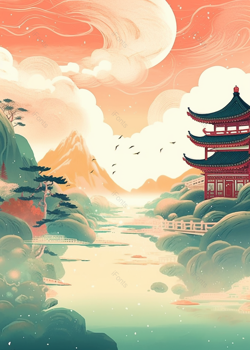 国潮古风插画唯美背景建筑山水图,插画/手绘图,插画/手绘图库,插画/手绘图下载,插画/手绘